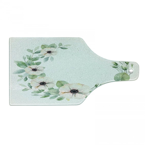 Anemone Flower Cutting Board, Round Composition with Flourishing Fresh Bedding Plants and Stems, Tempered Glass Cutting and Serving Board, Wine Bottle Shape, Green Peach Black, by Ambesonne