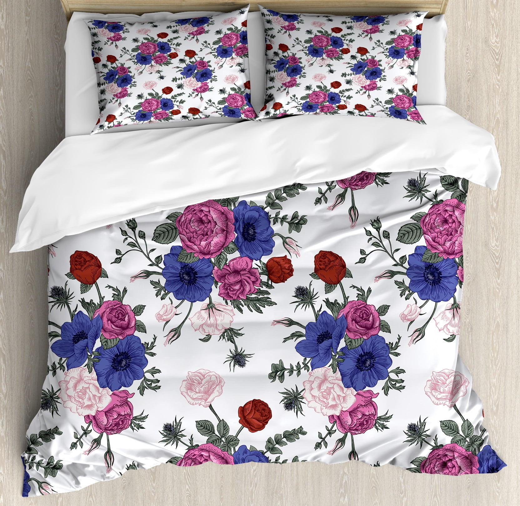 Anemone Flower Duvet Cover Set, Bouquets of Roses Anemones Eustoma