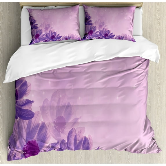 Anemone Flower Duvet Cover Set, Dreamlike Composition with Anemone Magic Petals Blossoms, Decorative 3 Piece Bedding Set with 2 Pillow Shams, Queen Size, Magenta Lavender, by Ambesonne
