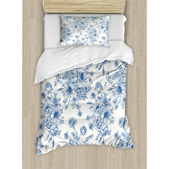 Anemone Flower Duvet Cover Set, Floral Pattern with Bouquet of Blue Flowers Delicate Victorian Design, Decorative 2 Piece Bedding Set with 1 Pillow Shams, Twin Size, Night Blue White, by Ambesonne