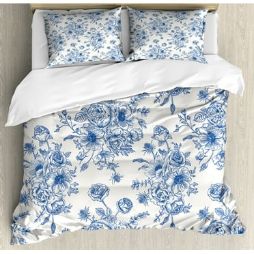 Anemone Flower Duvet Cover Set, Floral Pattern with Bouquet of Blue Flowers Delicate Victorian Design, Decorative 3 Piece Bedding Set with 2 Pillow Shams, Calking Size, Night Blue White, by Ambesonne