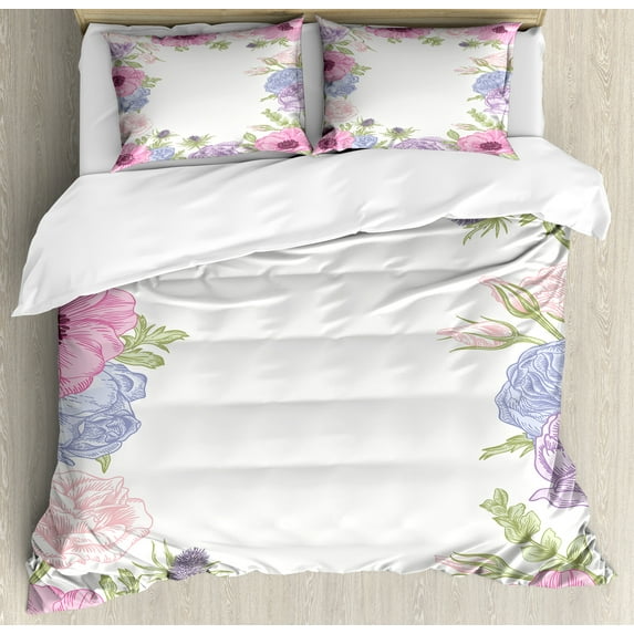 Anemone Flower Duvet Cover Set, Hand Drawn Framework with Fresh Summer Flora Bridal Wedding Theme, Decorative 3 Piece Bedding Set with 2 Pillow Shams, King Size, Pink Pale Blue Green, by Ambesonne