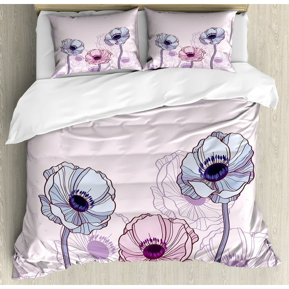 Anemone Flower Duvet Cover Set, Retro Grunge Display with Graphic Anemone Field Buds Leaves, Decorative 3 Piece Bedding Set with 2 Pillow Shams, Calking Size, Pale Blue Pale Pink, by Ambesonne