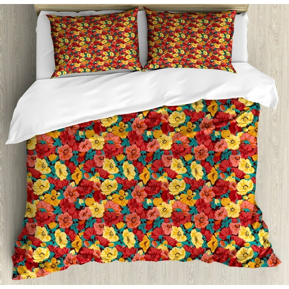 Anemone Flower Duvet Cover Set, Retro Style Floral Pattern Romantic Botanical Spring Composition, Decorative 3 Piece Bedding Set with 2 Pillow Shams, King Size, Dark Coral Teal Yellow, by Ambesonne