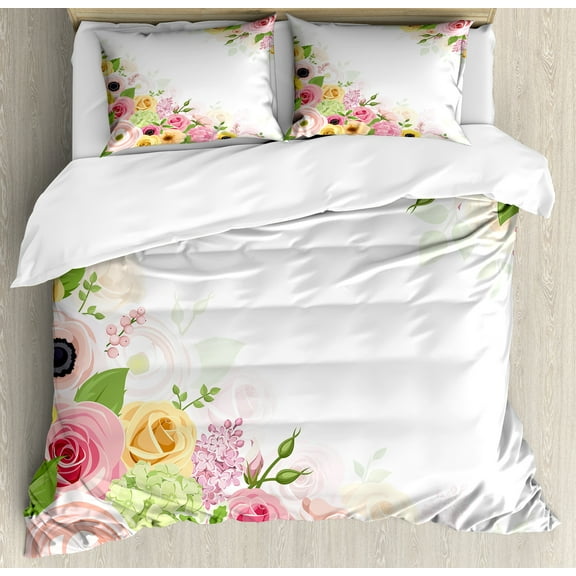 Anemone Flower Duvet Cover Set, Roses Ranunculus and Hydrangea Flowers and Green Leaves Frame, Decorative 3 Piece Bedding Set with 2 Pillow Shams, Calking Size, Pale Pink Yellow Green, by Ambesonne