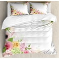 thumbnail image 1 of Anemone Flower Duvet Cover Set, Roses Ranunculus and Hydrangea Flowers and Green Leaves Frame, Decorative 3 Piece Bedding Set with 2 Pillow Shams, Queen Size, Pale Pink Yellow Green, by Ambesonne, 1 of 3