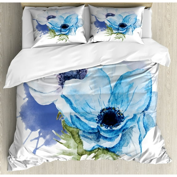Anemone Flower Duvet Cover Set, Rustic Floral Design with Blooms in Watercolors Splashes, Decorative 3 Piece Bedding Set with 2 Pillow Shams, Calking Size, Lavender Pale Blue Green, by Ambesonne