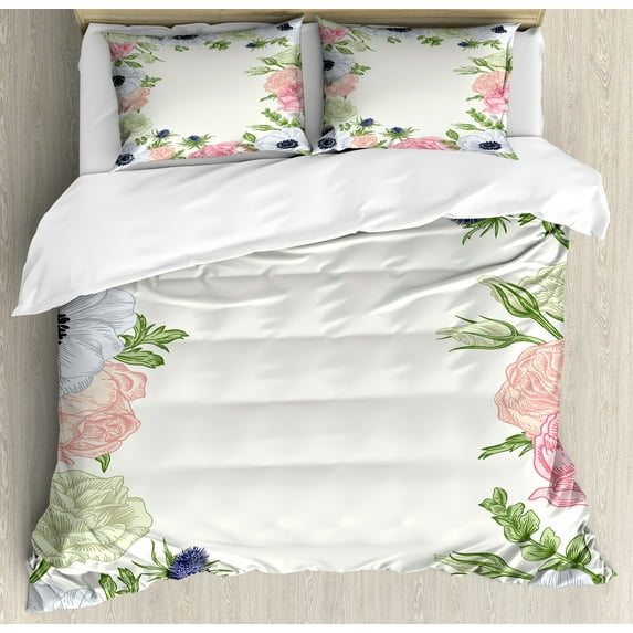 Anemone Flower Duvet Cover Set, Spring Nature Inspired Framework with Pastel Colored Flora, Decorative 3 Piece Bedding Set with 2 Pillow Shams, Queen Size, Pistachio Green Grey, by Ambesonne