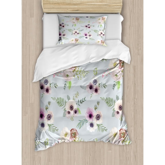 Anemone Flower Duvet Cover Set, Vintage Bouquets Bridal Corsage Design Shabby Leaves Ranunculus Blossoms, Decorative 2 Piece Bedding Set with 1 Pillow Shams, Twin Size, Multicolor, by Ambesonne