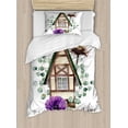thumbnail image 1 of Anemone Flower Duvet Cover Set, Watercolor Layout Happy Home House in Alpine Style White Stork Nest, Decorative 2 Piece Bedding Set with 1 Pillow Shams, Twin Size, Green Purple Brown, by Ambesonne, 1 of 3