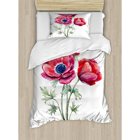 Anemone Flower Duvet Cover Set, Watercolor Painting Style Bouquet of Anemone Vintage Garden, Decorative 2 Piece Bedding Set with 1 Pillow Shams, Twin Size, Sage Green Red Navy Blue, by Ambesonne