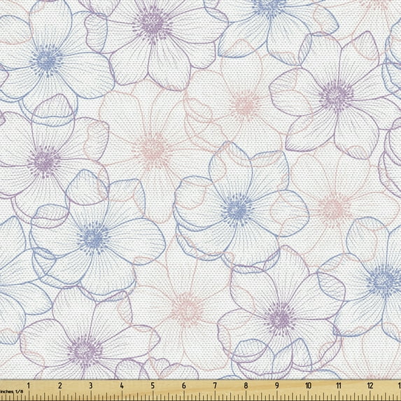 Ambesonne Anemone Flower Fabric by the Yard Upholstery, Pastel Petals, 1 Yard, Dried Rose Slate Blue