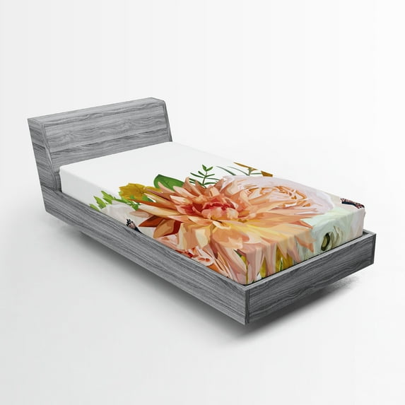 Anemone Flower Fitted Sheet, Garden Rose Dahlia Forest Meadow Bedding Plants Leaves Mix, Decorative Soft Bedding All-round Elastic Pocket, Twin Size, Salmon Fern Green Khaki, by Ambesonne