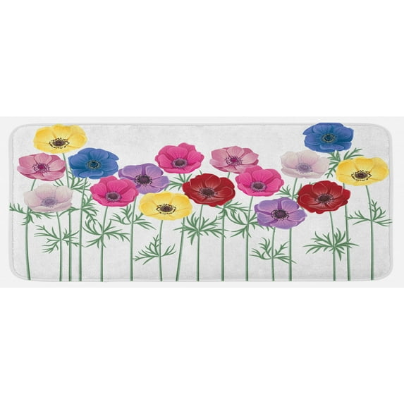Anemone Flower Kitchen Mat, Group of Graphic Colorful Flowers on Branches Blooming Field in Summer Theme, Plush Decorative Kitchen Mat with Non Slip Backing, 47" X 19", Multicolor, by Ambesonne