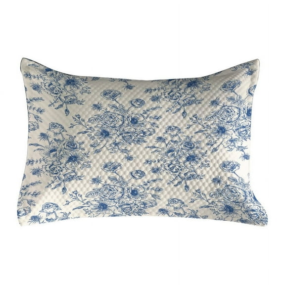 Anemone Flower Quilted Pillowcover, Floral Pattern with Bouquet of Blue Flowers Delicate Victorian Design, Standard King Size Accent Pillow Cover for Bedroom, 36" x 20", Night Blue White, by Ambesonne
