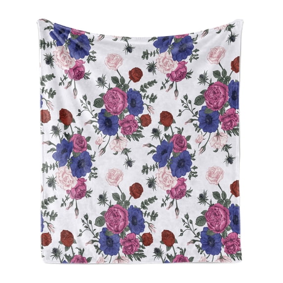 Anemone Flower Soft Flannel Fleece Throw Blanket, Bouquets of Roses Anemones Eustoma Colorful Corsage Bedding Plants Design, Cozy Plush for Indoor and Outdoor Use, 50" x 60", Multicolor, by Ambesonne