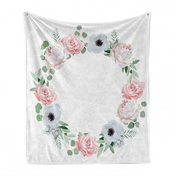 Anemone Flower Soft Flannel Fleece Throw Blanket, Delicate Peony Rose Brunia Eucalyptus Leaves Round Wreath, Cozy Plush for Indoor and Outdoor Use, 50" x 60", Almond Green Pale Pink, by Ambesonne