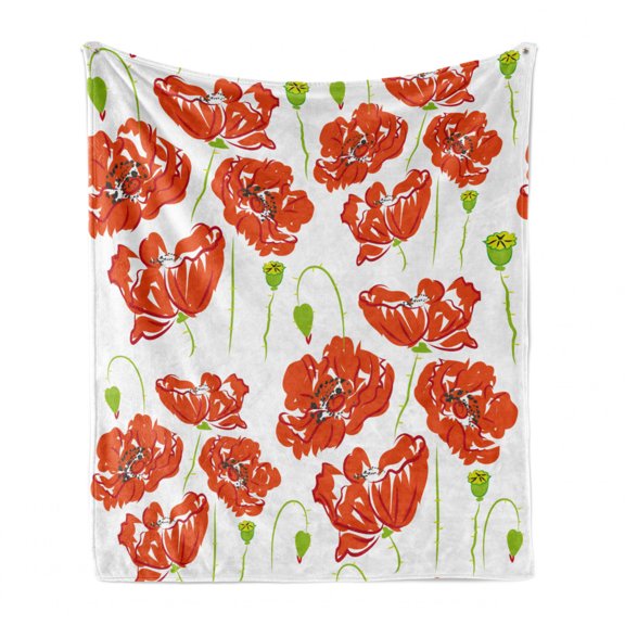 Anemone Flower Soft Flannel Fleece Throw Blanket, Doodle Style Poppy Anemone Field in Full Blossom May Flowers, Cozy Plush for Indoor and Outdoor Use, 50" x 60", Orange White Lime Green, by Ambesonne