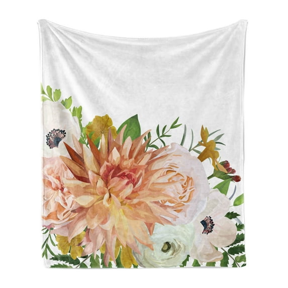 Anemone Flower Soft Flannel Fleece Throw Blanket, Garden Rose Dahlia Forest Meadow Bedding Plants Leaves Mix, Cozy Plush for Indoor and Outdoor Use, 60" x 80", Salmon Fern Green Khaki, by Ambesonne