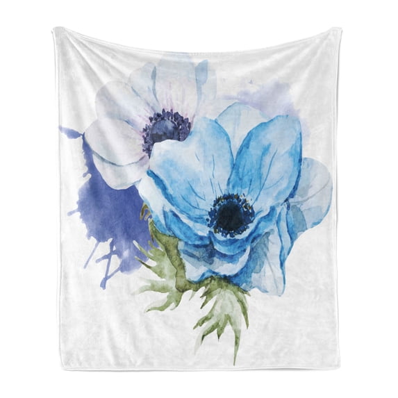 Anemone Flower Soft Flannel Fleece Throw Blanket, Rustic Floral Design with Blooms in Watercolors Splashes, Cozy Plush for Indoor and Outdoor Use, 50" x 60", Lavender Pale Blue Green, by Ambesonne