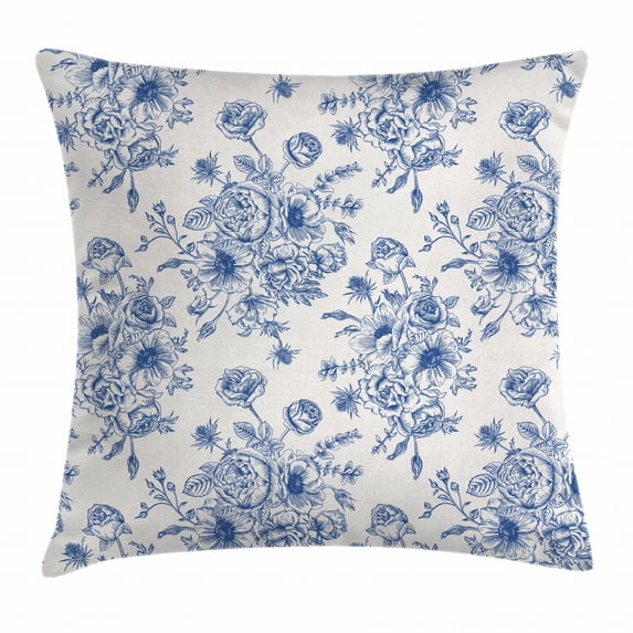 Anemone Flower Throw Pillow Cushion Cover, Floral Pattern with Bouquet of Blue Flowers Delicate Victorian Design, Decorative Square Accent Pillow Case, 16 X 16 Inches, Night Blue White, by Ambesonne