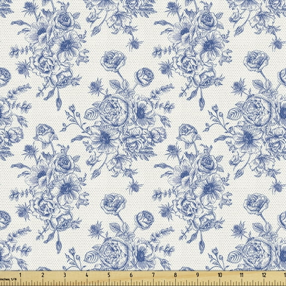 Ambesonne Anemone Flower Fabric by the Yard Upholstery, Blue Floral Corsage, 3 Yards, Night Blue White
