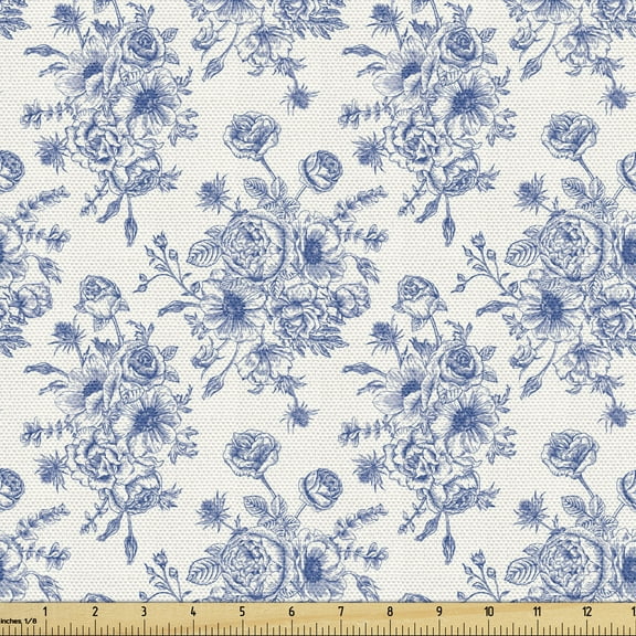 Anemone Flower Upholstery Fabric by the Yard, Floral Pattern with Bouquet of Blue Flowers Delicate Victorian Design, Decorative Fabric for DIY and Home Accents, 5 Yards, Night Blue White by Ambesonne