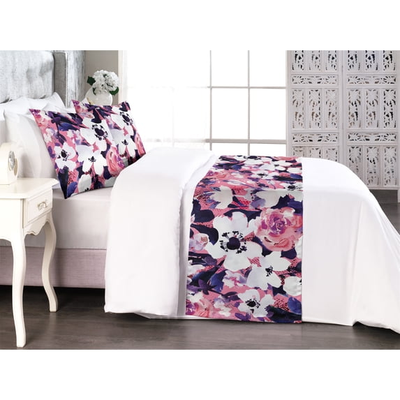 Anemone Flowers Bed Runner Set, Romance Vibe Spring Floral Scene Art with Watercolor Style Print, Decorative Bedding Scarf & 2 Pillow Shams for Hotels Homes, King, Pastel Pink Off White, by Ambesonne