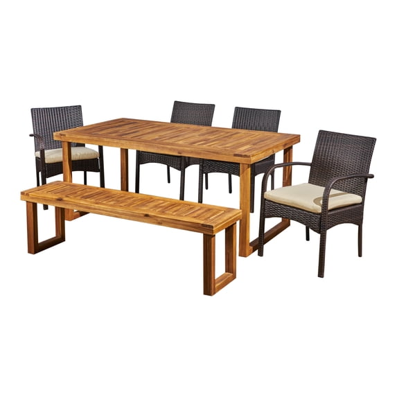 Anemone Outdoor 6-Seater Wood and Wicker Chair and Bench Dining Set