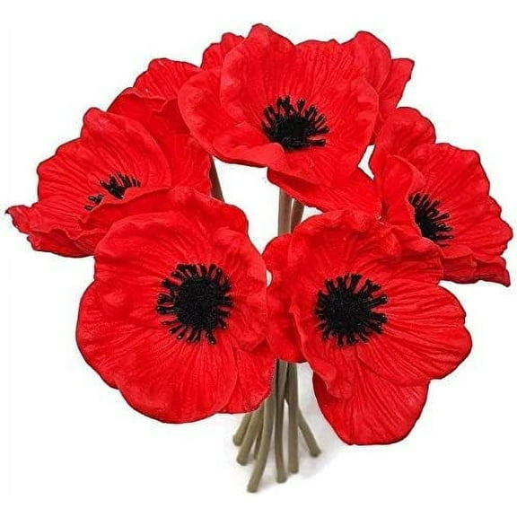 Anemone Poppy - 7 PCS Bouquet Real Touch Artificial Flowers for Floral Arrangements and Home Decor (10 Inches) (Red)