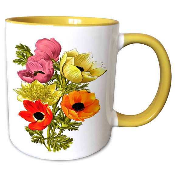 3drose, Anemone Windflower Botanical Art, 11oz Two-tone Yellow Mug