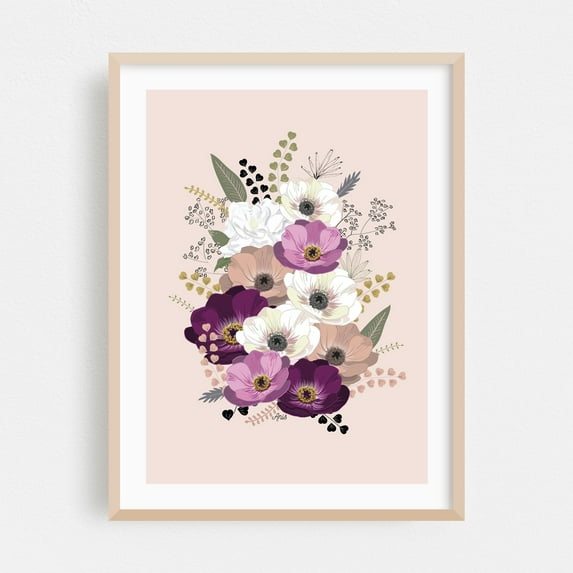 Anemones Bouquet Pink - Illustration Floral Flowers Botanical Modern Art Nature Pastel Minimalist Oak Framed Wall Art Print 12 x 16 inches