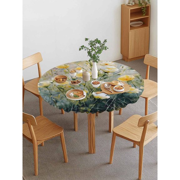 Anemones Round Fitted Tablecloth with Elastic Edge, Rustic Yellow Beige Floral Oil Painting Textured Blooms Waterproof Stretch Table Covers for 36"-44" Tables Wipeable Table Cloth for Outdoor