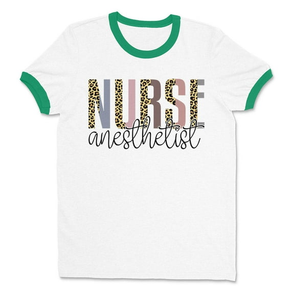 Anesthetist Nurse Leopard Print Ringer Tee Shirt Unisex X-Large White/Kelly Green