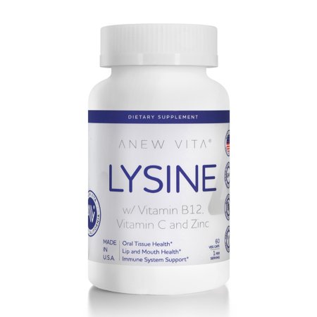 Anew Vita L-Lysine Supplement | w/ Vitamin B12 + C + Zinc | Lip, Mouth, Oral Tissue Health | Immunity Support | 500mg | 60 Vegetable Capsules | Non-GMO | Gluten Free | Made in USA