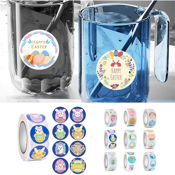 Anewi Easter Egg Stickers Roll 8 Pattern Designs Self-Adhesive Waterproof Decals with Rabbit Flower for Envelope Scrapbook Spring Party Decor