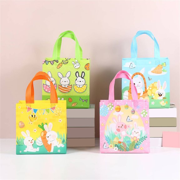 Anewi Easter Party Tote Bags Sunny Yellow Bunny Holding Carrot Graphic Reusable Non-Woven Fabric Gift Bags for Egg Hunt Event Favor and Candy Storage, 1 Pack