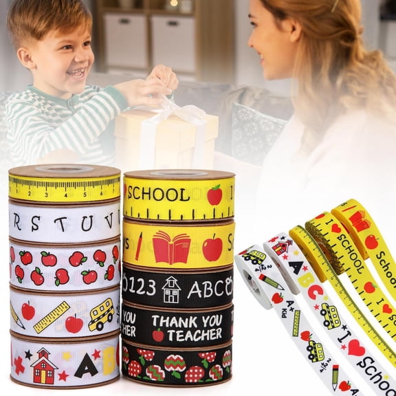 Anewi Grosgrain Ribbon Back to School Bus Pencil Apple ABC Pattern Fabric Decorative Craft Ribbon for Teacher Appreciation Gifts Wrapping Supplies 1 Roll