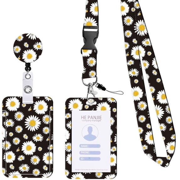 Anewi ID Card Holder with Lanyard, Retractable Badge Reel and Detachable Neck Strap, Heavy Duty Vertical Protector for Work Essentials, Flower Design, 1PK