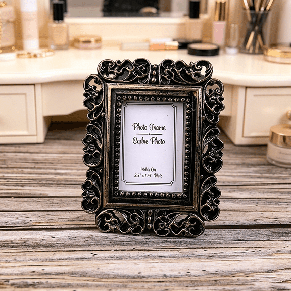 Anewi Mini Picture Vintage Frames, Ornate Antique Photo Baroque Resin Frame, Table Top Display Home Wedding Decor, Tiny Miniature Art Craft Gift, Black Gold