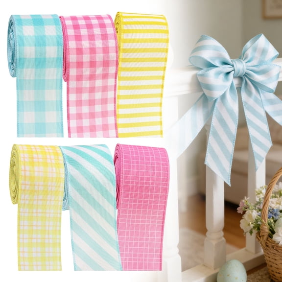 Anewi Spring Wired Edge Ribbon, 5 Yards Pastel Pink Buffalo Plaid Fabric Ribbon for Easter Wreaths, Bow Making, and DIY Craft Gift Wrapping, 1 Roll