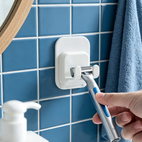 Anewi Waterproof Razor Holder and Shaver Hook Hanger Stand, Self-Adhesive Wall Mounted Utility Double Storage Hooks for Towel, Loofah, Key, White, 1 Pack