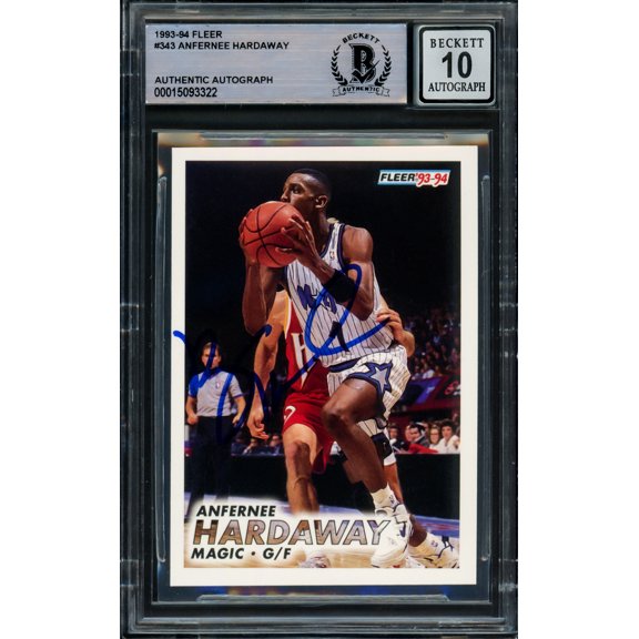 Anfernee Hardaway Autographed 1993-94 Fleer Rookie Card #343 Orlando Magic Auto Grade Gem Mint 10 Beckett BAS 211046