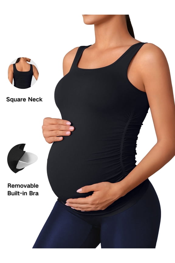Maternity Tank Tops Seamless Square Neck Yoga Tops Sleeveless Side Ruche Pregnancy Basic Shirts with Built in Bras