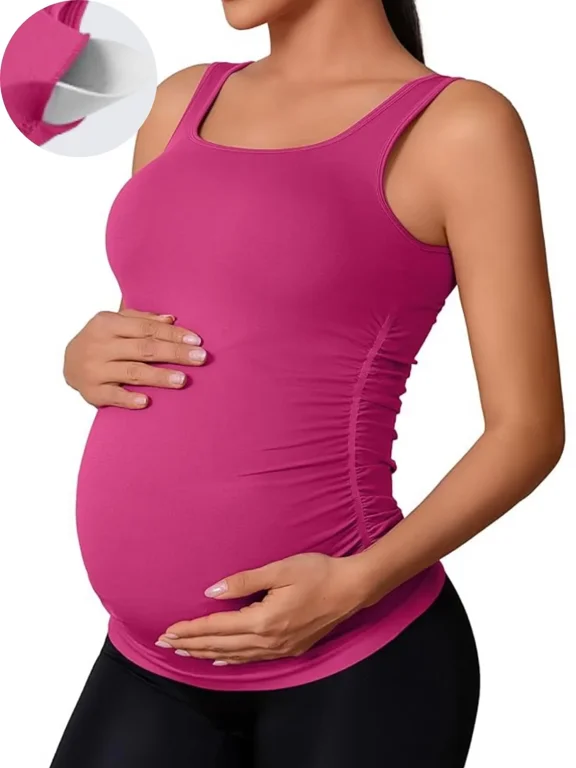 Maternity Tank Top Women Seamless Side Ruching Pregnancy Basic Shirts with Built in Bras