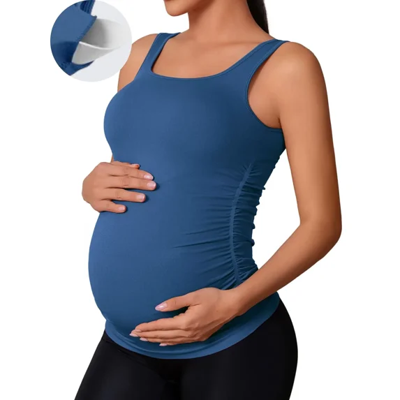 ANFERRY Maternity Tank Top Women Seamless Side Ruching Pregnancy Basic Shirts with Built in Bras