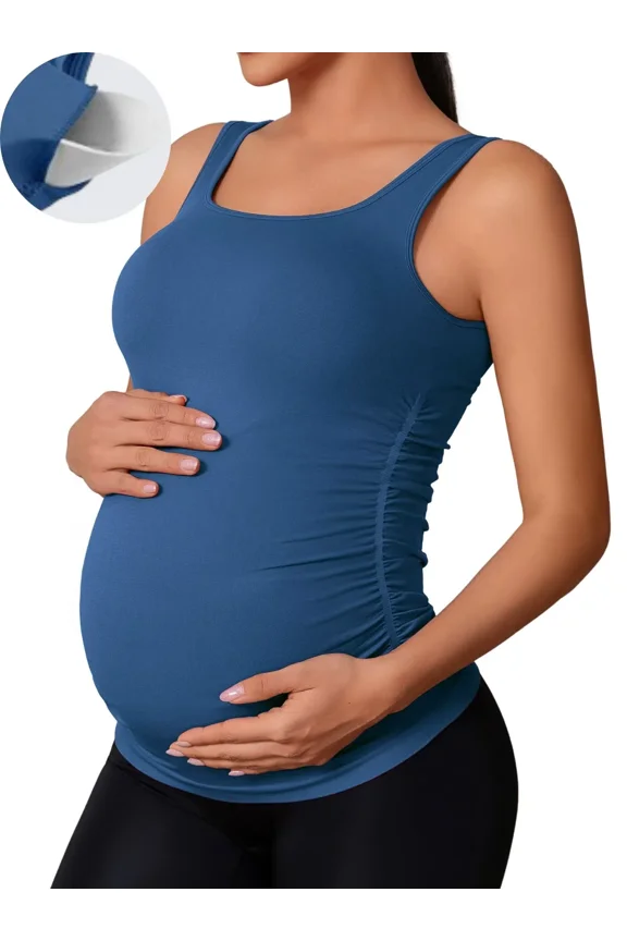 Maternity Tank Top Women Seamless Side Ruching Pregnancy Basic Shirts with Built in Bras