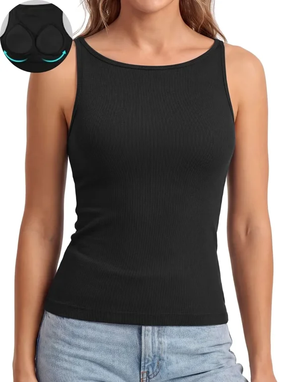 Women Ribbed Seamless Workout Tank Top with Built in Bra, Slim Fit Boat Neck Sports Vest for Yoga Pilates Running Casual Home Wear
