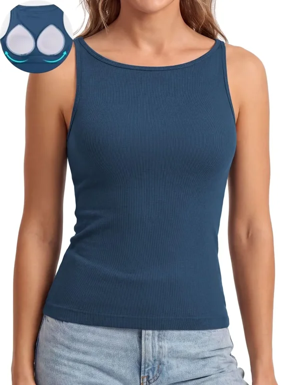 Women Ribbed Seamless Workout Tank Top with Built in Bra, Slim Fit Boat Neck Sports Vest for Yoga Pilates Running Casual Home Wear