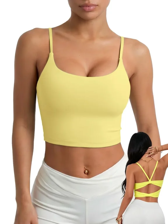 Women Sports Bras Scoop Neck Crop Tank Tops, Sew in Bra, Y Back, Light Support, Breathable, Quick Dry, Soft, Stretchy, Yoga, Pilates, Daily Wear